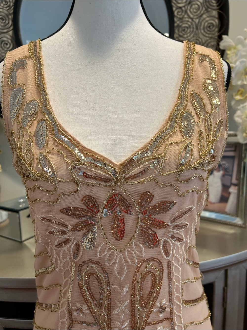 Vintage-Inspired Beaded Fringe Mini Dress in Blush Pink - Picture 2 of 14
